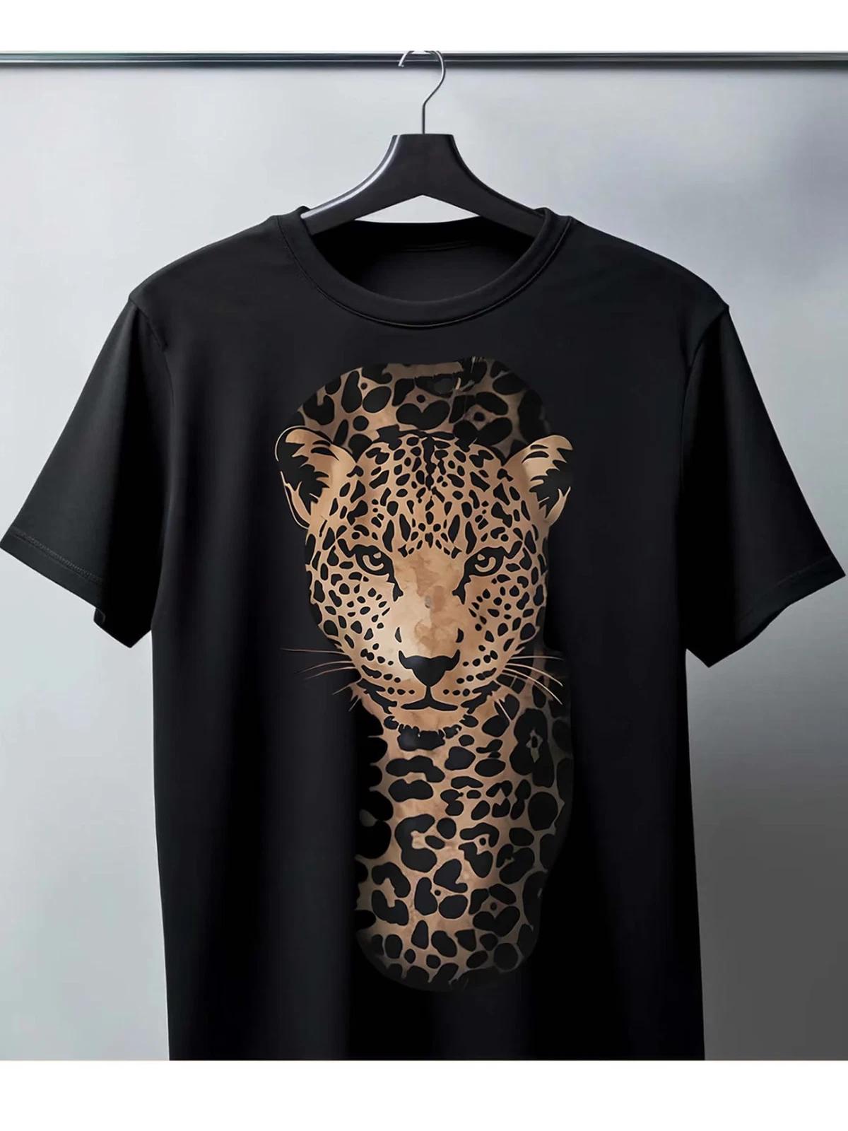 Black Pure - Cotton Men s T - Shirt: Leopard Head Pattern Theme XXL