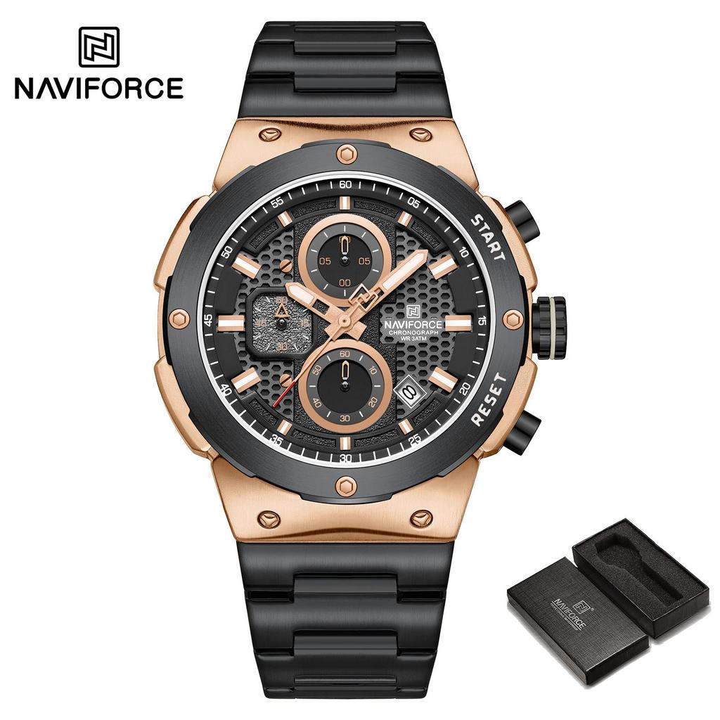 Naviforce Męski Zegarek Kwarcowy Wskazówkowy Stoper Chronograf Wodoodporny Pasek Ze Stali Nierdzewnej Kalendarz Luminescencyjny Męski Chłopięcy Modny Zegarek Casualowy NF8072