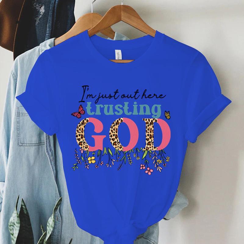 I'm Just Authere Trusting God Print T Shirt Vintage Christian T-Shirts Women Short Sleeve Faith Shirt Summer Religious Tshirt