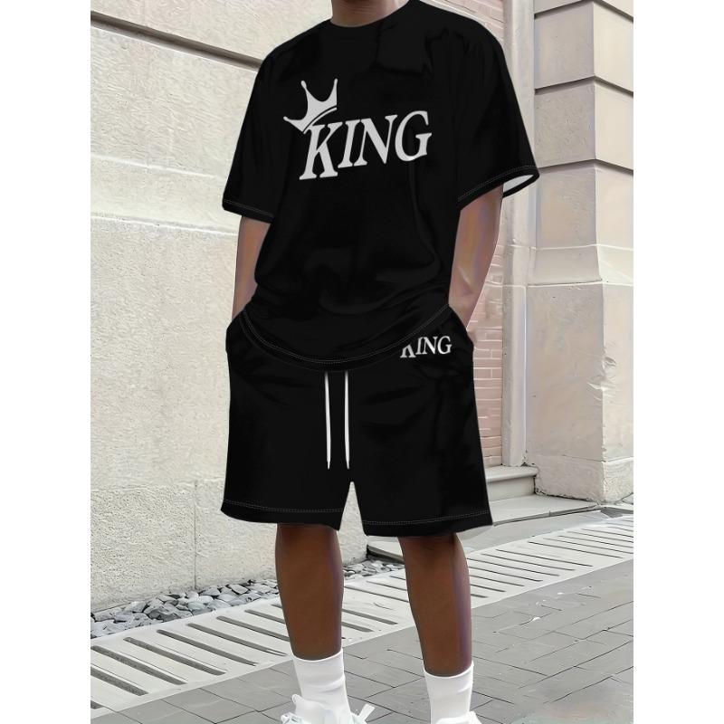 Conjunto de Camiseta Casual Masculina de Gola Redonda e Manga Curta com Shorts de Cintura com Cordão, Roupa de Praia para Férias, Conjunto Confortável