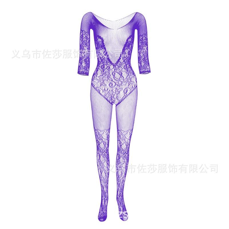 Sex Underwear V-shaped Chest Embroidered Mesh Socks Long-sleeved Open-file One-piece Stockings Hollow-out Temptation One-piece Socks