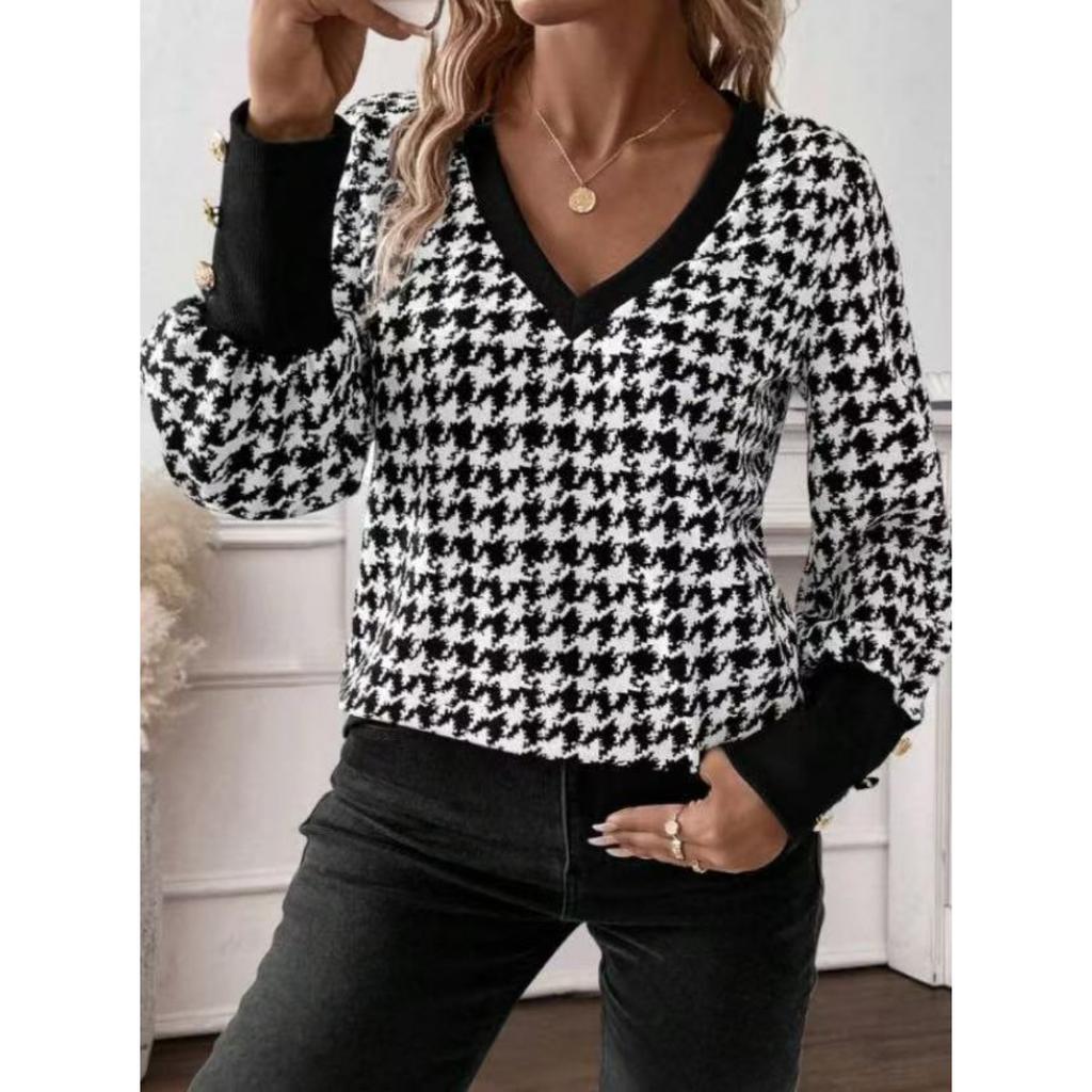 T-shirt Casual da Donna Primavera Estate con Stampa Leopardo Scollo a V Manica Lunga, Top Casual da Donna Stile Europeo Americano Tempo Libero