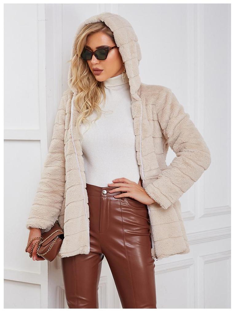 Europejski i Amerykański Płaszcz Damski z Kapturem ze Sztucznego Futra - Jednolity Kolor, Ciepły Średniej Długości na Jesień/Zimę 2022