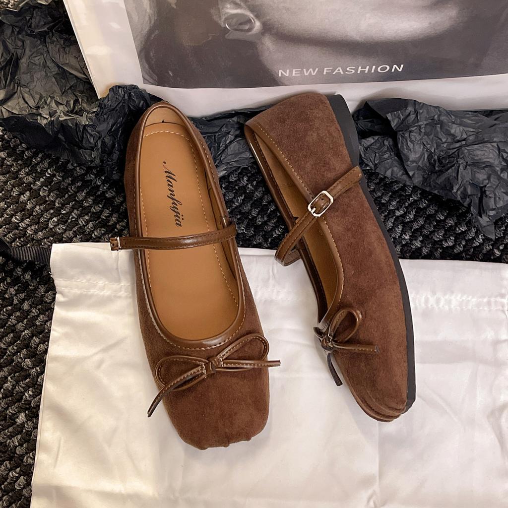 French retro Mary Jane shoes women's 2025 spring new versatile evening bow square head shallow mouth flat sole shoes