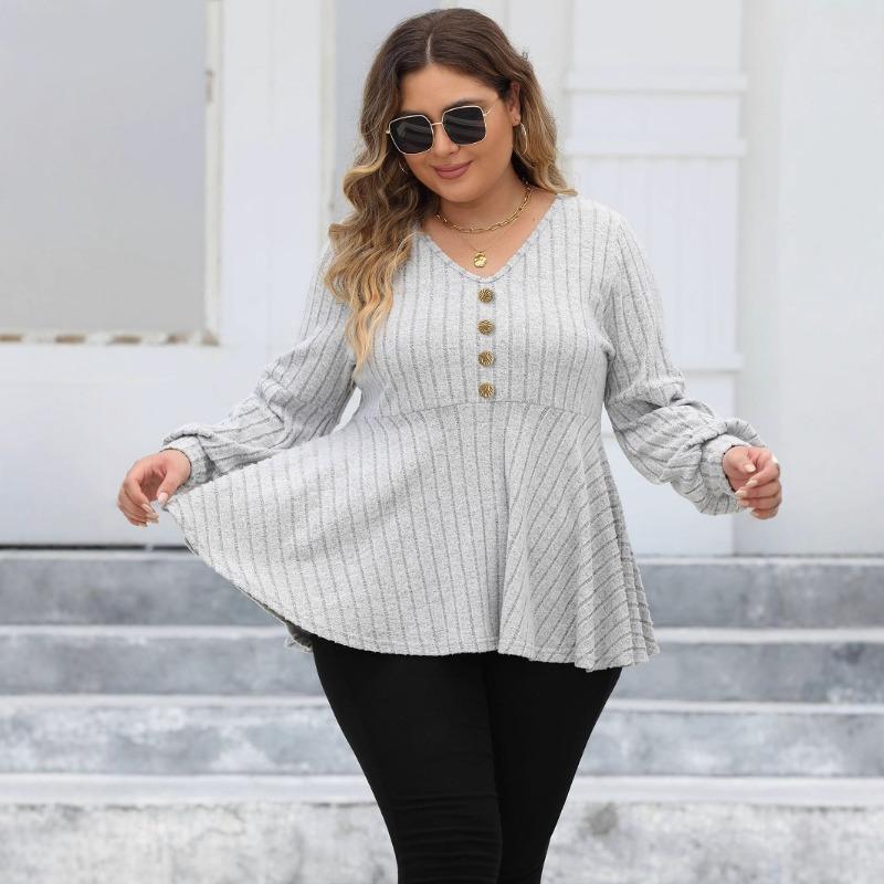 Women S Plus Size Fall Winter Knit Top Lantern Sleeve Button Decorated Pullover Sweater