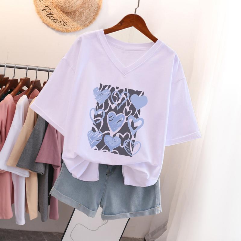 

Женская футболка с коротким рукавом, большого размера, свободная и стройнящая, топ с V-образным вырезом с принтом 5XL белый