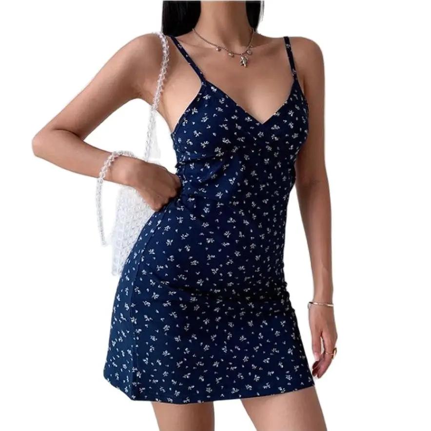 Y2K Vintage Floral Cross Cami Dress Women Slim Sleeveless V-Neck Summer Sexy Cute Backless Patry Black Mini Korean Dresses Woman