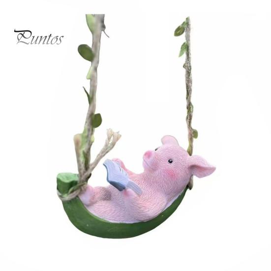 Durable Outdoor Decoration Hanging Resin Pig Figurine, Cute Piggy Lying in Hammock Reading Waterproof Ornament Book Ornament, Animal Sculpture