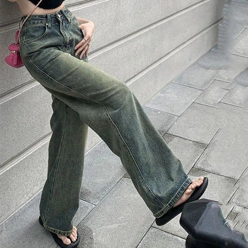 Jaren 2000 Vintage Verlengen Rechte Jeans Vrouwen Chique Koreaanse Hoge Taille Gewassen Denim Broek Vrouwelijke Elegante Streetwear Losse Wijde Pijpen Broek