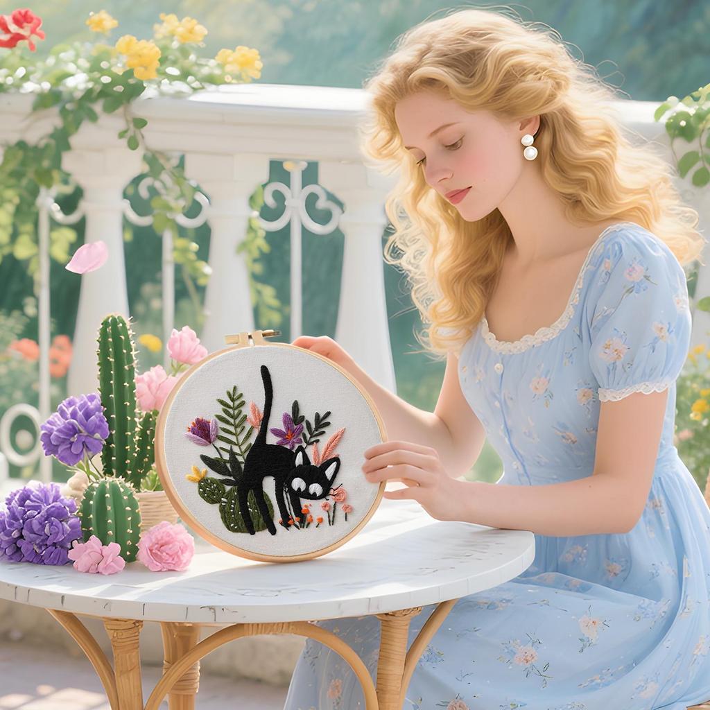 Cat Embroidery DIY Material Kit Cat Stamped Thread Embroidery Kit For Beginners Handmade Thread Hoop Needle Set