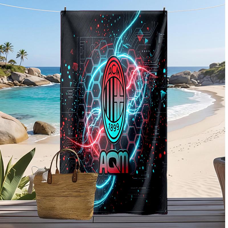 מגבת חוף מודפסת AC Milan, מגבת רכה מתייבשת במהירות, שמיכת חוף מלבנית גדולה ניידת לנסיעות, בריכה
