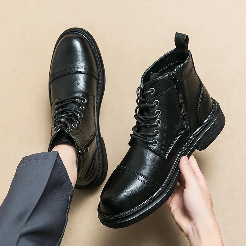 High Top Men Boots PU Lace Up Low Heel Solid Comfortable Round Toe Work Boots Classic Large Size 38-46 Fashionable Men Boots