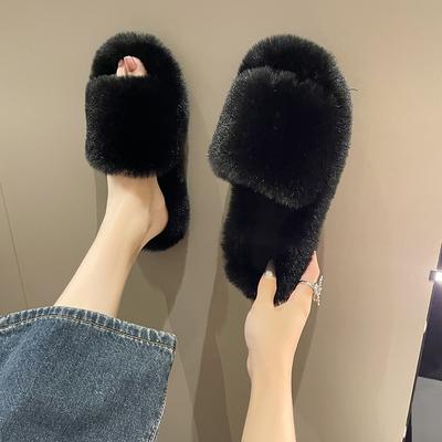 Mode Mode Ein Wort Dicke Fellpantoffeln Doppelfellpantoffeln Lässige Haus Baumwollschuhe für Damen Flache Plüsch Überkreuzriemen Pantoffeln2024