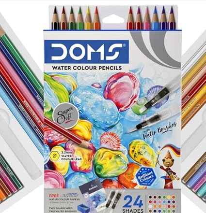 

Doms Super Soft Hexagonal Pre-Sharpened Water Soluble 24 Shades Colour Pencils Set with Watercolor Paper, Brushes & Sharpeners for Art, Sketching
