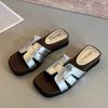 Drag Summer Soft Leather Open-toed Casual Women's Slope Square Head Women's Flat-bottomed Slippers Solid Color Fashion One-character Cool and Cool 