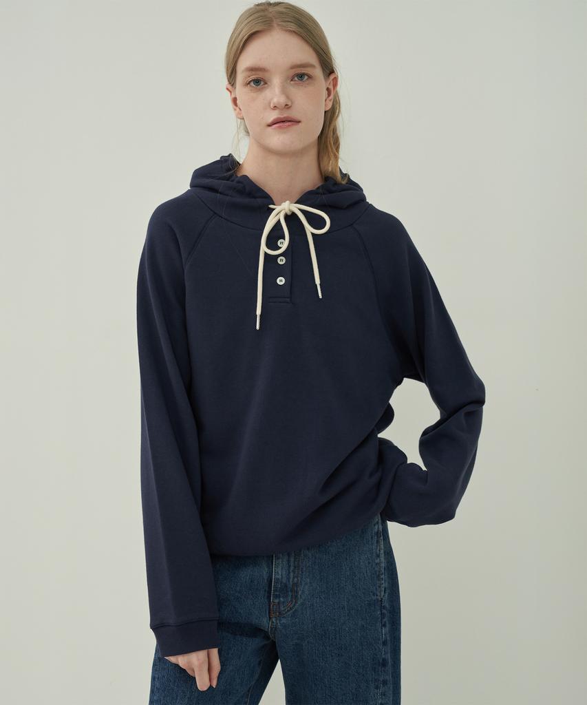 Basic Button Hoodie Sweatshirt - Navy