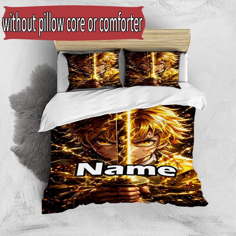 3pcs Duvet Cover Set (1*Duvet Cover + 2*Pillowcase, Without Core), Custom Name Demon Slayer Pattern Bedding Set, Home Bedroom Decor Gift