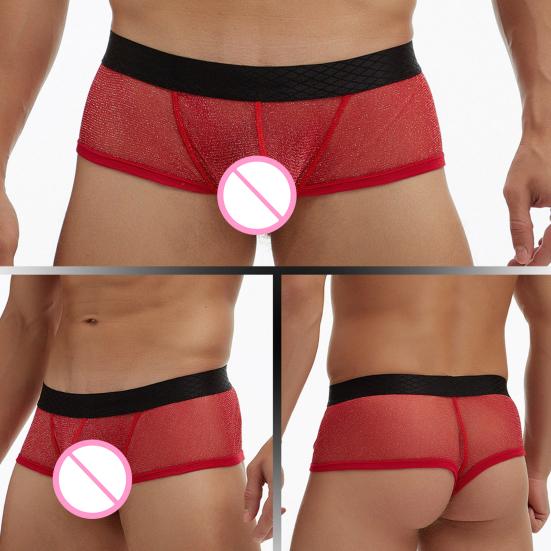 Men Boxer Underwear Low-rise Perspective Thin Shorts Panties Patchwork Color U-convex Wide Waistband Underwear