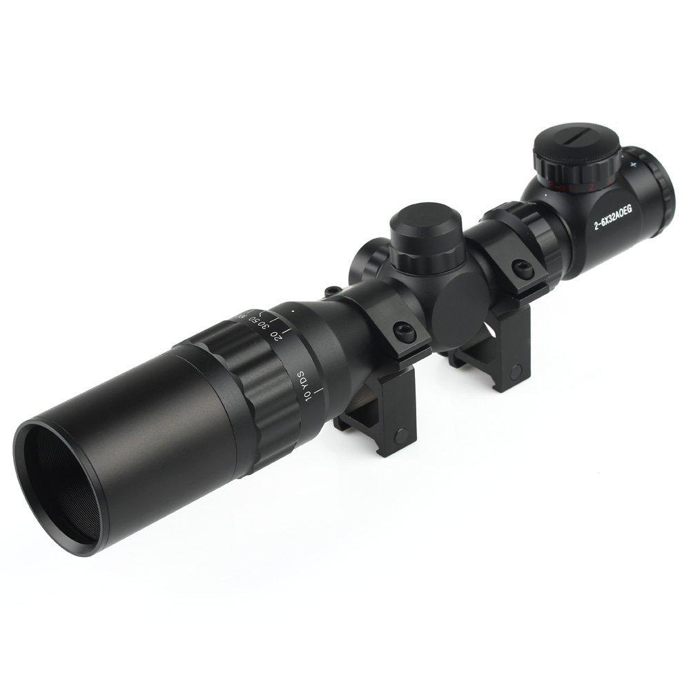 VERY100 Riflescope, RedGreen Mil-Dot Sight, 20mm Rail Mount, 2-6x32, 2-6x Variable Zoom, Mount Ring Set, Light-Shielding Hood, Black