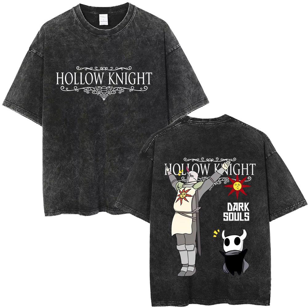 T-shirt Vintage Lavé Imprimé Graphique Hollow Knight Homme Femme Mode Décontracté Oversize Streetwear
