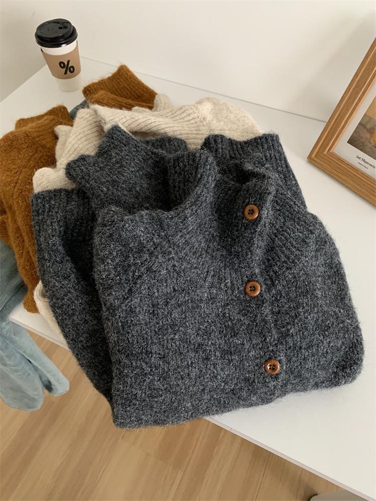 Minimalistischer koreanischer Wollstrick-Cardigan für Damen – Hoher Kragen, Knopfleiste, Weich & Trendig Herbst/Winter Pullover