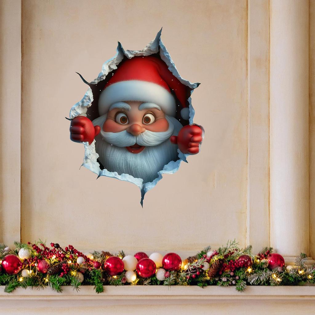 3D Stereo Santa Claus Break-Through Wall Decal Paper Christmas Wall Stickers Removable Holiday Decor for Home and Living Spaces