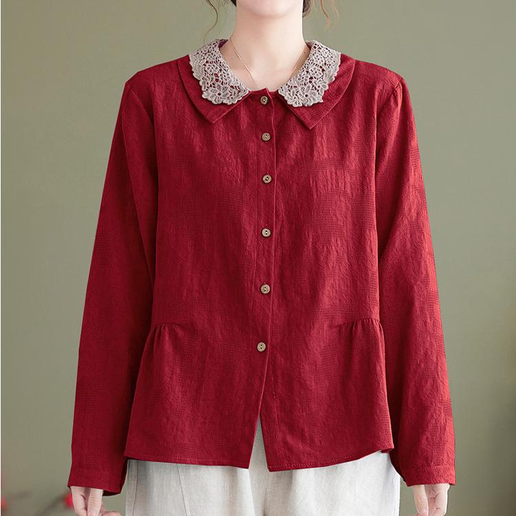 

Осенняя корейская свободная хлопково-льняная блузка для женщин с длинным рукавом, жаккардовая рубашка с кукольным воротником