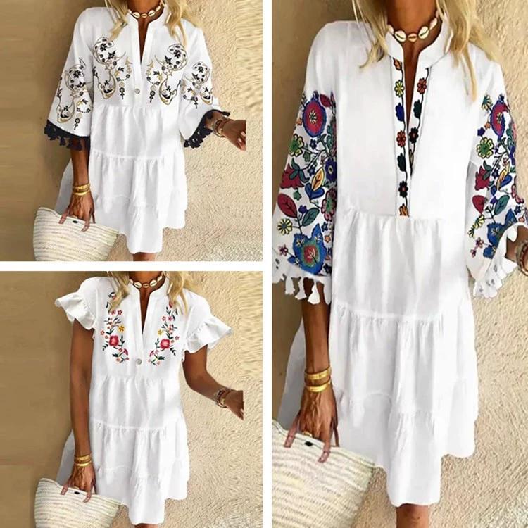 Damen Freizeitkleid V-Ausschnitt Kurzarm T-Shirt Kleid Locker Druck Plissee Schwingend Boho Strandkleid
