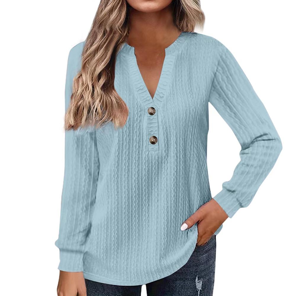 Women's V Neck Long Sleeve Knit Top Loose Fit Casual Button Down Tunic Blouse