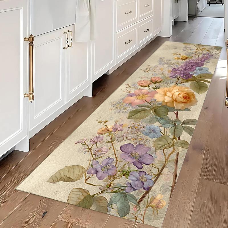 Floral Pattern Runner Rug Vintage Flowers Print Home Decor Long Carpet Soft Non-slip Floor Mat for Hallway Bedroom