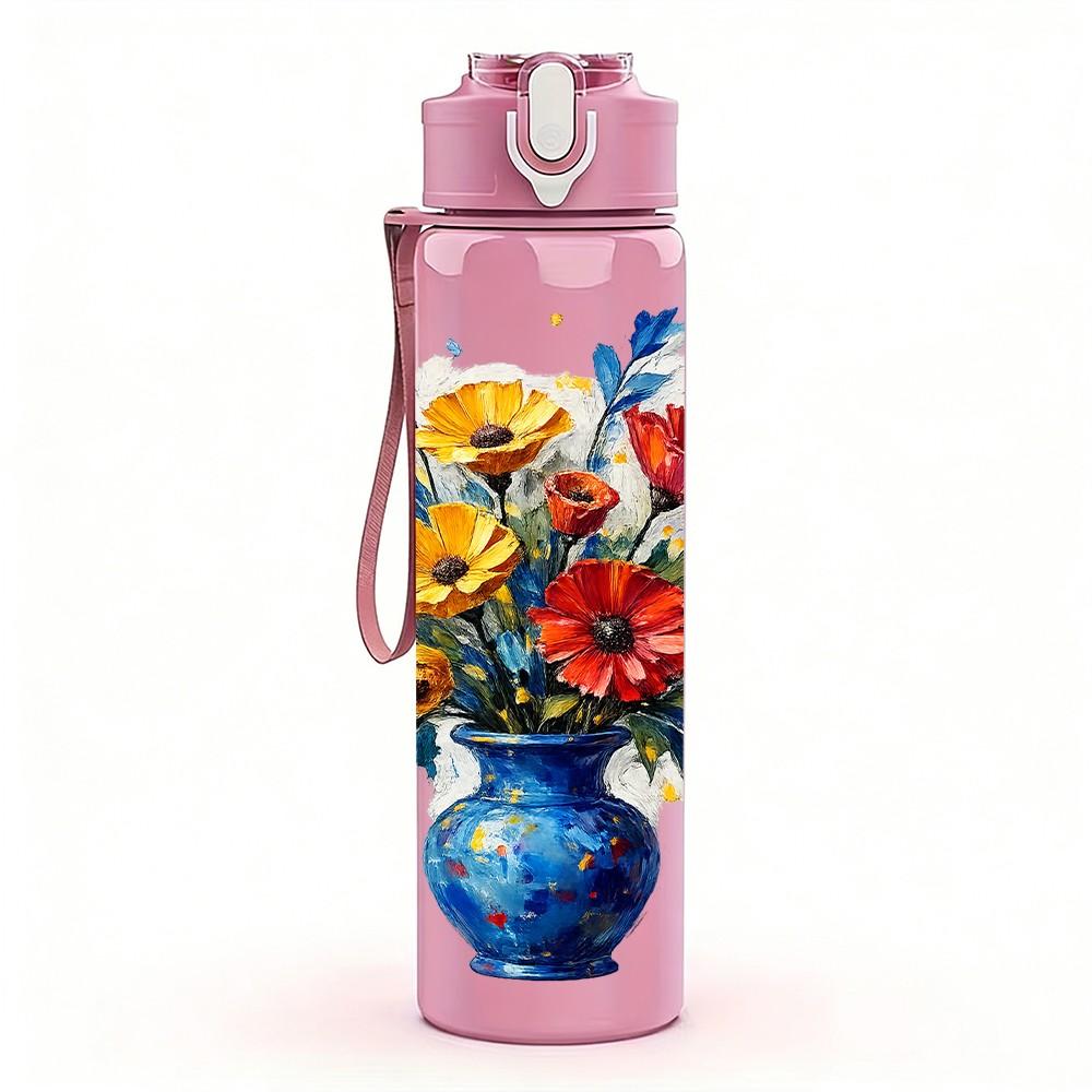 1PC Vase Bright Spring Bouquet 750ml Color Plastic Sports Water Bottle Leakproof Flip Straw Lid Suitable for Sports Office Home Use