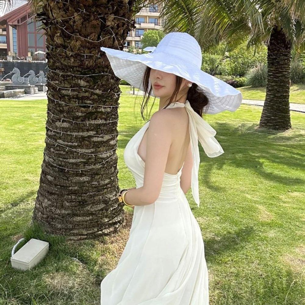 

Bowknot DIY Moldable Wide Brim Hat Sunscreen Women Sun Hat Simple Plastic Bucket Hat Outdoor рожевий червоний колір