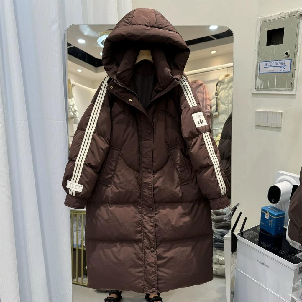 Winter New Down Jacket Women's Hooded Long Over-the-knee Sports Striped Three Trees Thickened Loose Duck Down Jacket