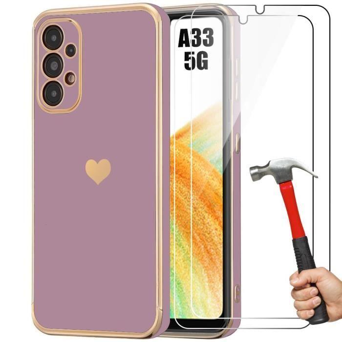 Case and Tempered Glasses - Booling - for Samsung Galaxy A33 5G - Shockproof - Purple - Heart Pattern