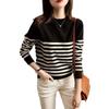 Women's Autumn and Winter Black and White Striped Knitted Cardigan Loose Sweater