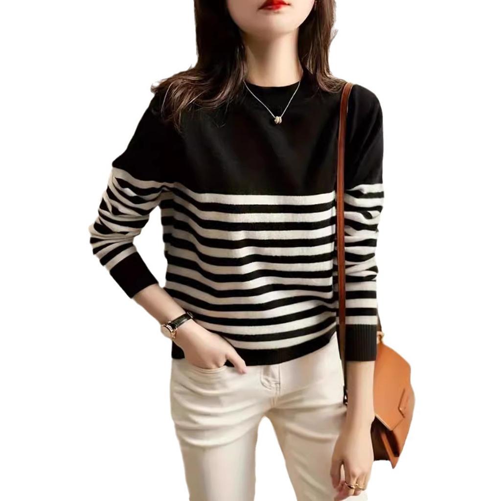 Women's Autumn and Winter Black and White Striped Knitted Cardigan Loose Sweater