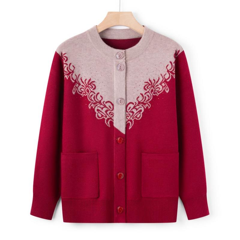 Middle-aged Sweater Women's Spring and Autumn Mother Wear Crew Neck Knitted Sweater Old Lady Casual Top Grandma Wear Cardigan Jacket