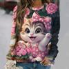 Flowers Cat  Long Sleeves Women Colorful Animal 3D Clothing  Tops O-Neck Cotton Clothes T-Shirt