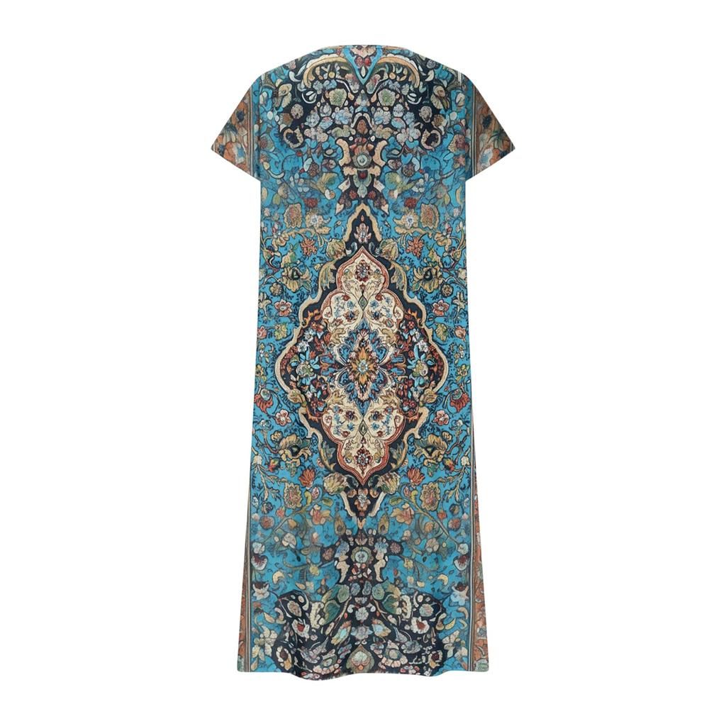Damen Sommer V-Ausschnitt Kurzarm Vintage Blumenprint Strandkleid Lässig Lockerer Schnitt Midi-Kleid mit Seitentaschen Leicht