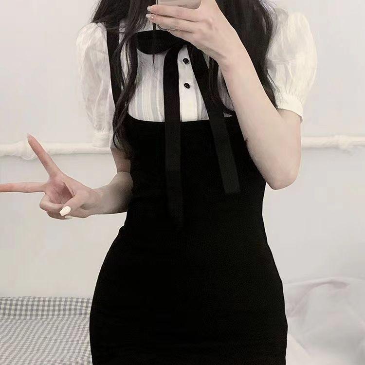 Girls' new black and white contrasting color dress women's summer sweet bubble sleeve bow fake two-piece button skirt