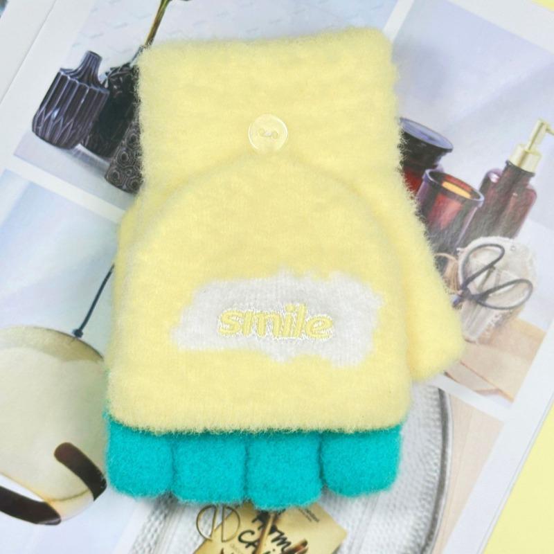 Baby knitted gloves autumn and winter boys and girls fleece warm cartoon cute flip half-finger gloves children's gloves