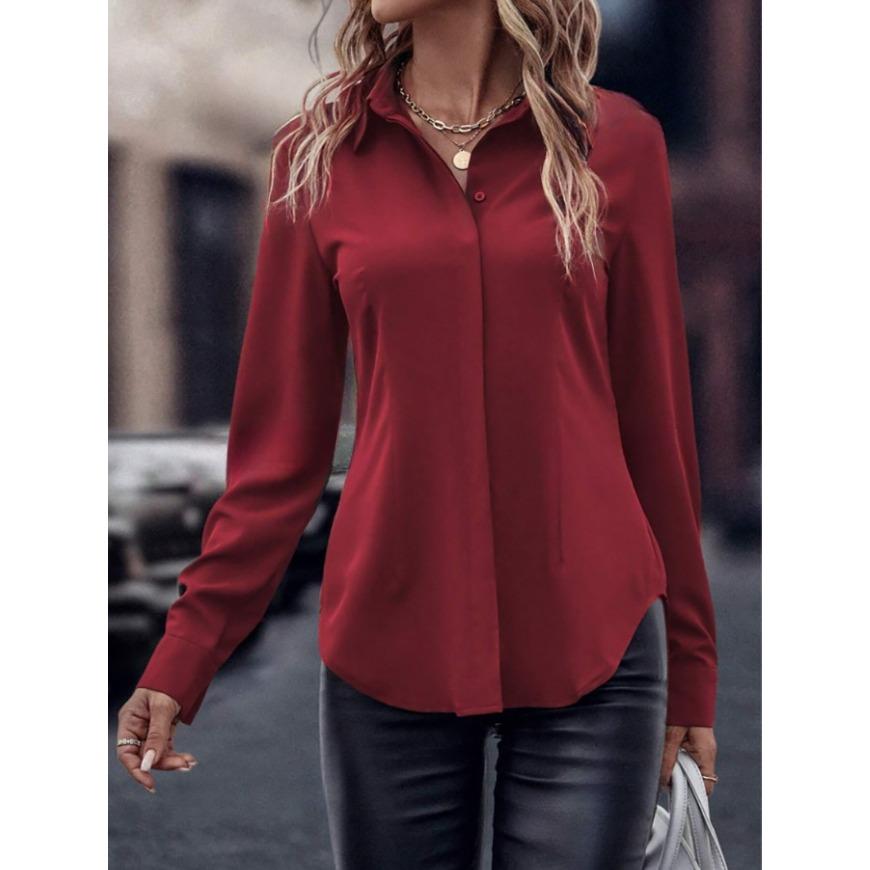 Women's Commuting Style Slim Fit Cardiga Button Double Door Tube Satin Lapel Long Sleeved Blouses & Shirts