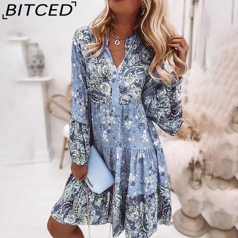 BITCED Women Fashion Bohemian Floral Print V Neck Mini Dresses Casual Loose Elegant Ladies Beach Party Flare Sleeve Dress