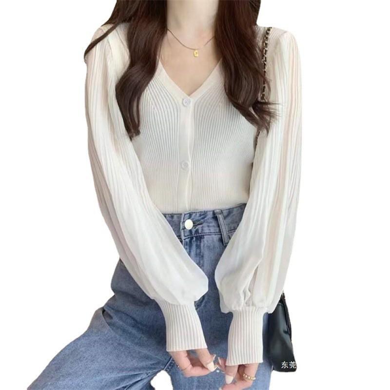 Womens V-Neck Long Sleeve Knit Cardigan With Puff Sleeves Solid Color Cropped Sweater Fall