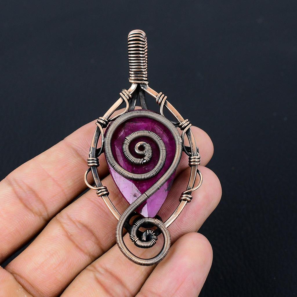 Lab-Created Ruby Gemstone Pure Copper Wire Wrapped Handmade Pendant Jewelry For Gift