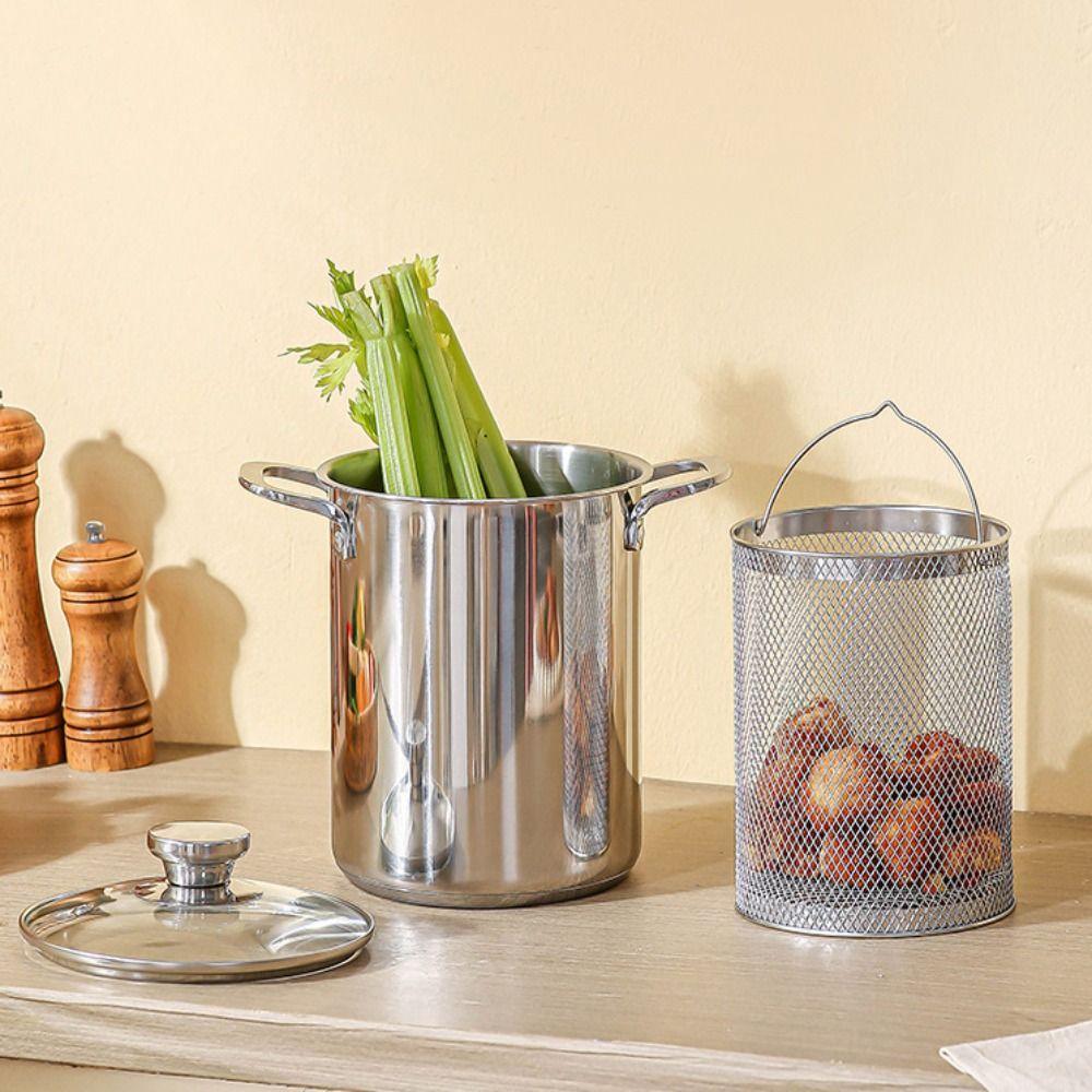 304 Stainless Steel Tempura Fryer Visible Lid Stew Pot Kitchen Cookware Oil Frying Pot  Dormitory