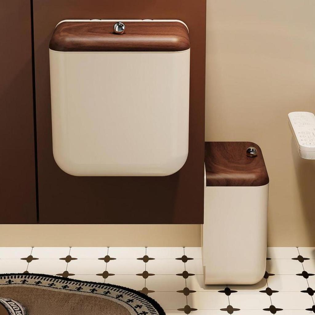 Wood Grain Trash Can, WallMounted Wastebasket, Bathroom, Kitchen, With Lid Creamy White 1 Pack