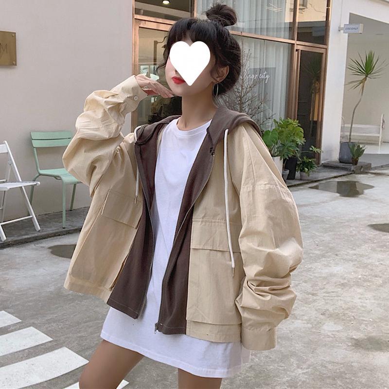 2025 New Women's Korean Style Hooded Retro Patchwork Jacket - Spring/Autumn, Loose Fit, Short, Student Workwear Style