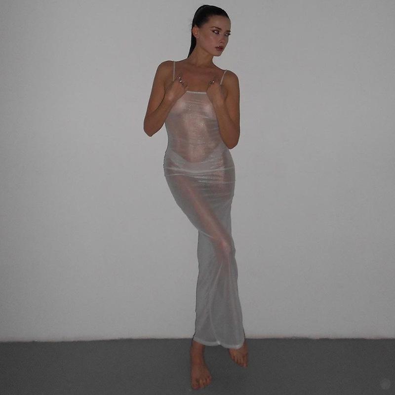 2024 Summer Women's Silver Mesh Bodycon Dress - Spaghetti Strap, Sexy, See-Through, Nightclub Fashion
