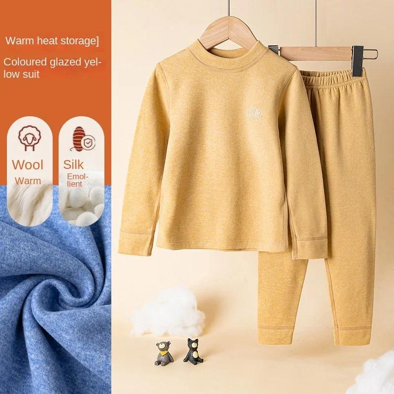 Kids Wool & Silk Thermal Underwear Set Breathable Warm Base Layer Pajamas Soft Cozy Winter Loungewear for Boys & Girls